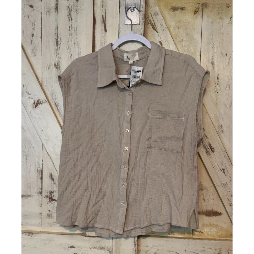 A.REN Women 100% Cotton Button Shirt Short Sleeves Textured Pocket ‎ Size Small
